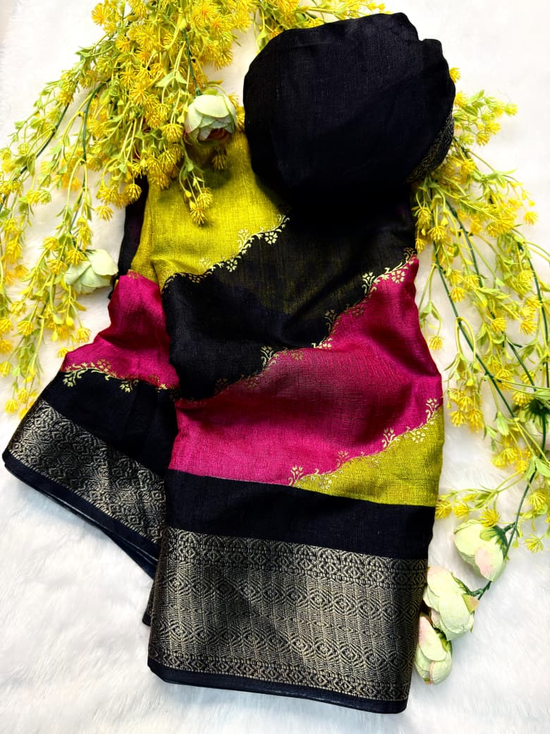 TRENDBUY Black Rose Khadi Cotton Lehriya Saree with pink, yellow, and black sections, folded on a white surface with yellow floral decor.