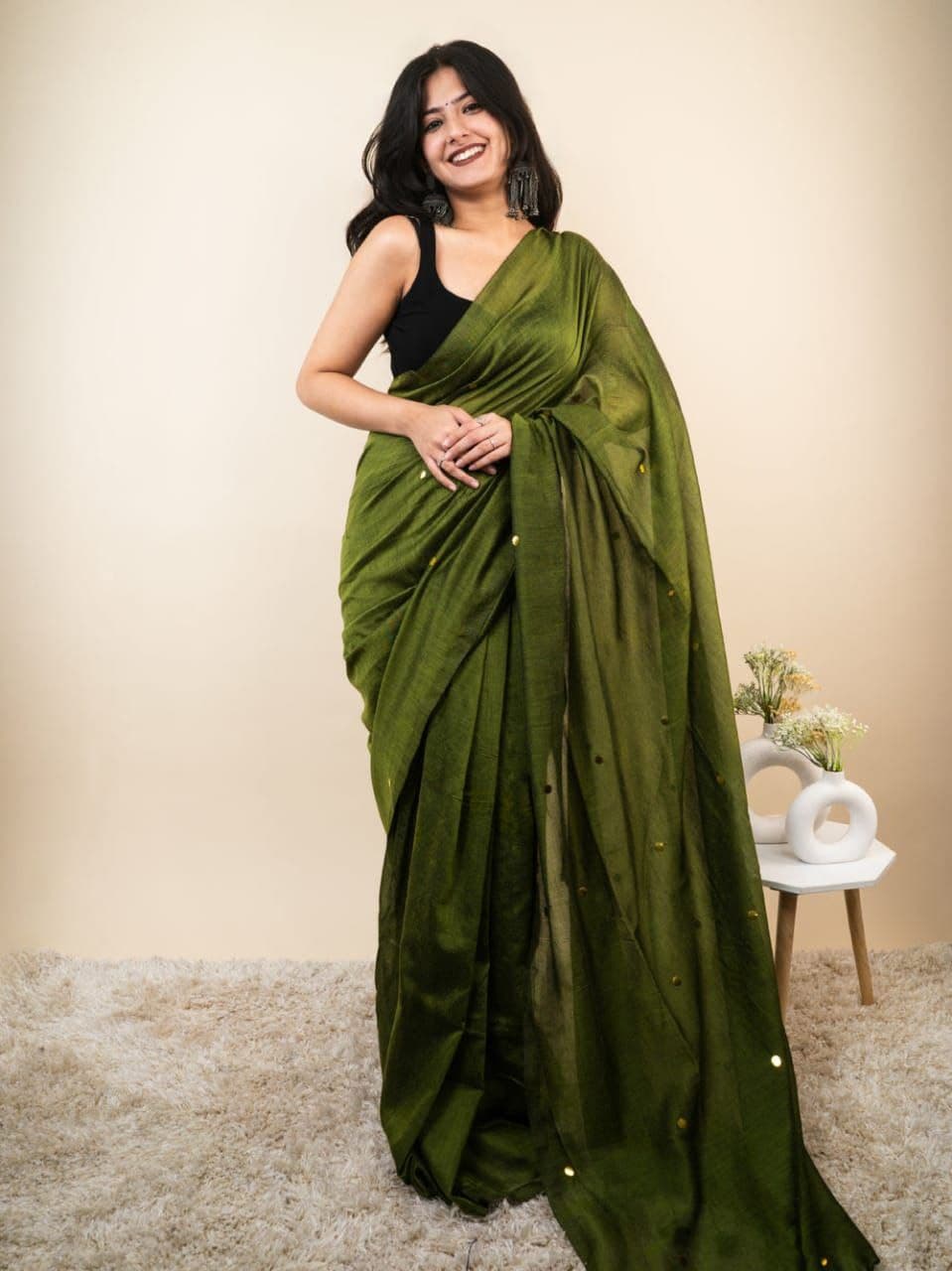 TRENDBUY Khadi Cotton Mirror Work Saree in Olive Green for Women