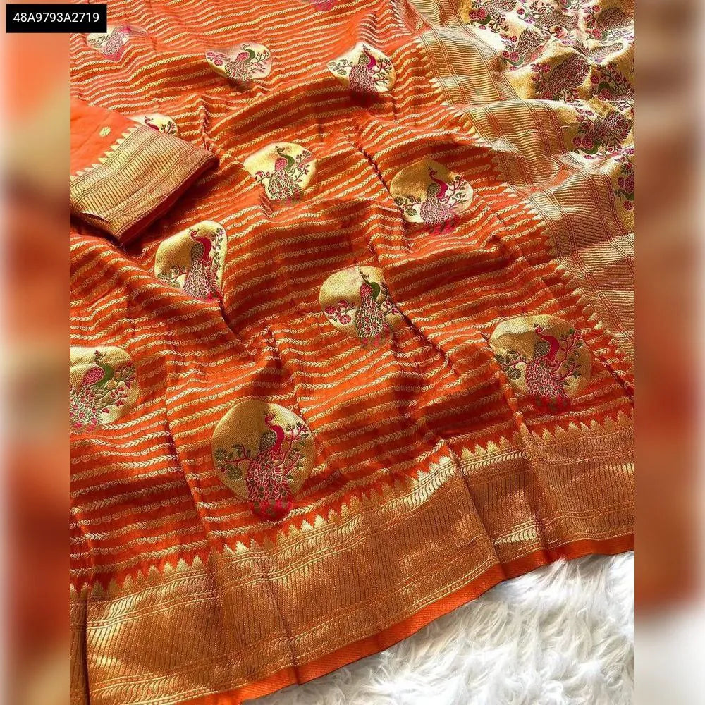 TRENDBUY Khadi Crepe Silk Saree in Orange with Jari and Peacock Meenakari weaving, front view flat lay.