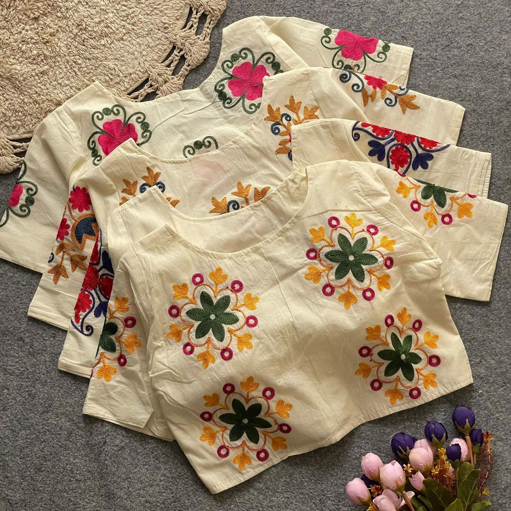 TRENDBUY Khadi Cotton Blouse with Floral Green Hand Embroidery (Front View)