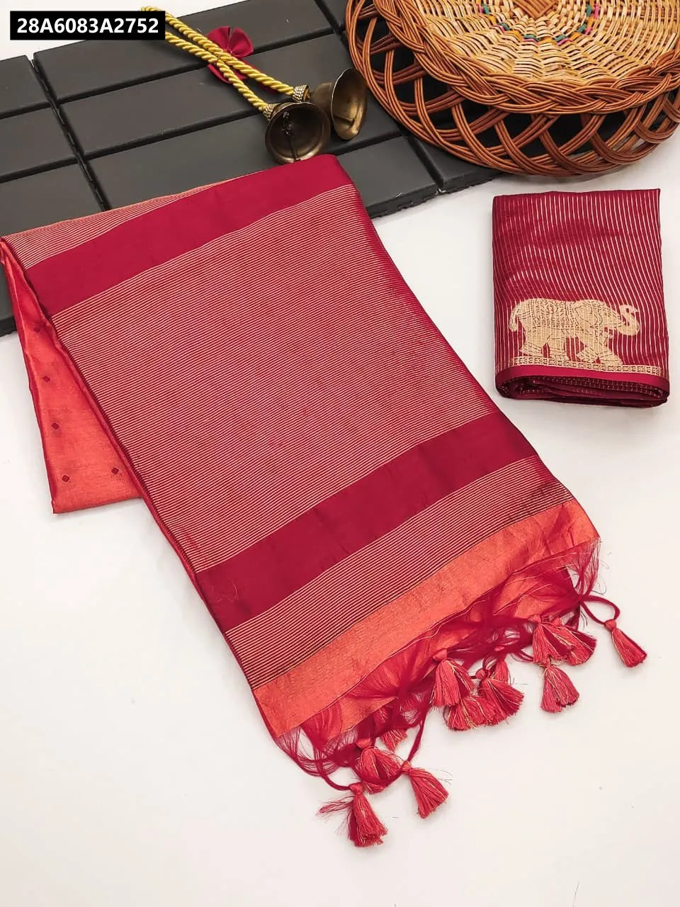 TRENDBUY Premium Khadi Raw Silk Saree in Red with Traditional Elephant Border and Bandhani Butti Weaves