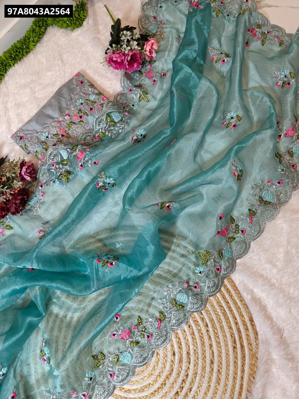 TRENDBUY Khadi Tissue Designer Saree with embroidered pallu and cutwork blouse - top view