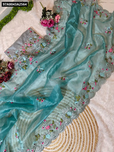 Buy Teal Blue Khadi Tissue Designer Saree for Women Online | Festive & Ethnic Wear