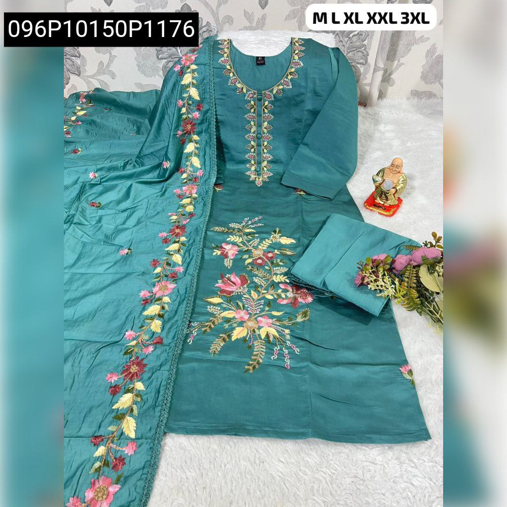 Aqua Teal Roman Silk Pakistani Suit with intricate Kolkata Hand Work embroidery and matching dupatta with floral border.