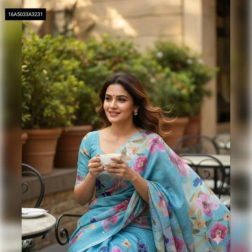 Model wearing TRENDBUY Aqua Blue Kota Chex Saree with Floral Digital Print and Mirror Work, sitting at a cafe