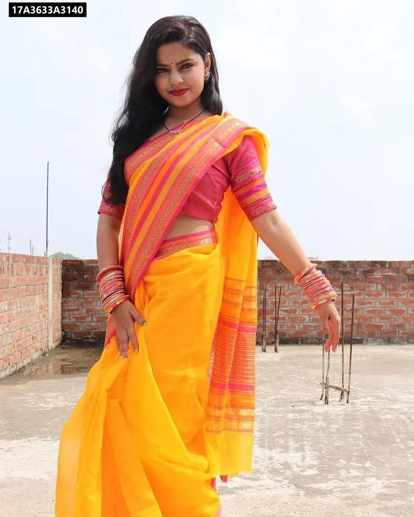 Elegant model posing in a Yellow Kota Doria Cotton Saree with Pink Contrast Blouse, showcasing full drape