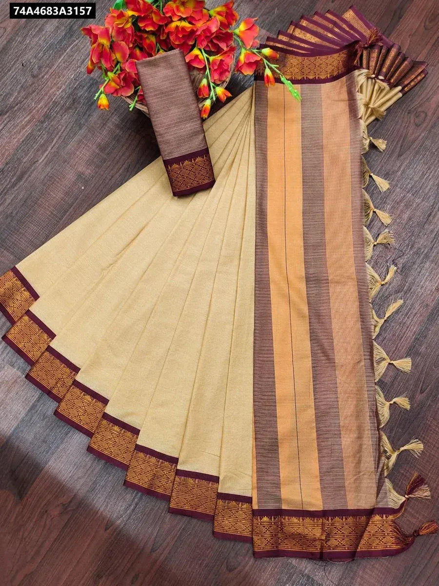 TRENDBUY Cream Kota Doriya Saree with self-weaving checks and brown-orange striped pallu, gold border