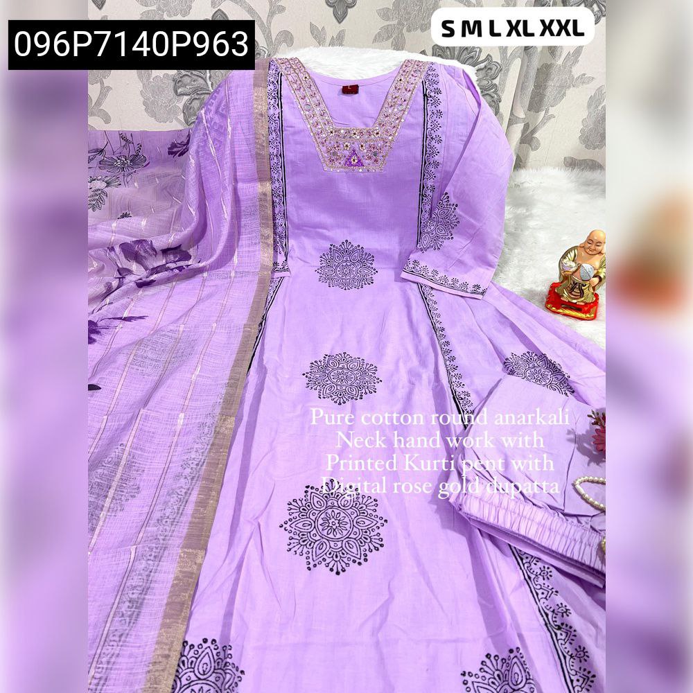 Lavender Viscose Blend Anarkali Kurta Set with handwork and digital print dupatta, full view.