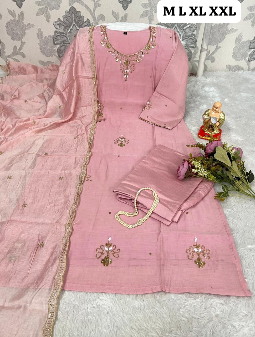 TRENDBUY Rose Pink Chanderi Kurti Pant Dupatta Set with Khatli Handwork
