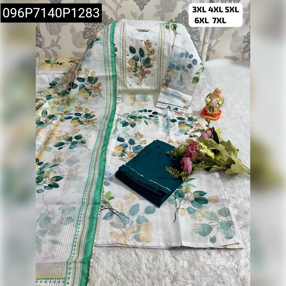 Women's White and Green Floral Print Kurti Pant Set with Hand Work