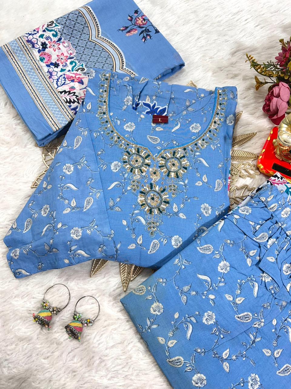 TRENDBUY Sky Blue Hand Work Kurti Plazzo Dupatta Set for Women, folded view