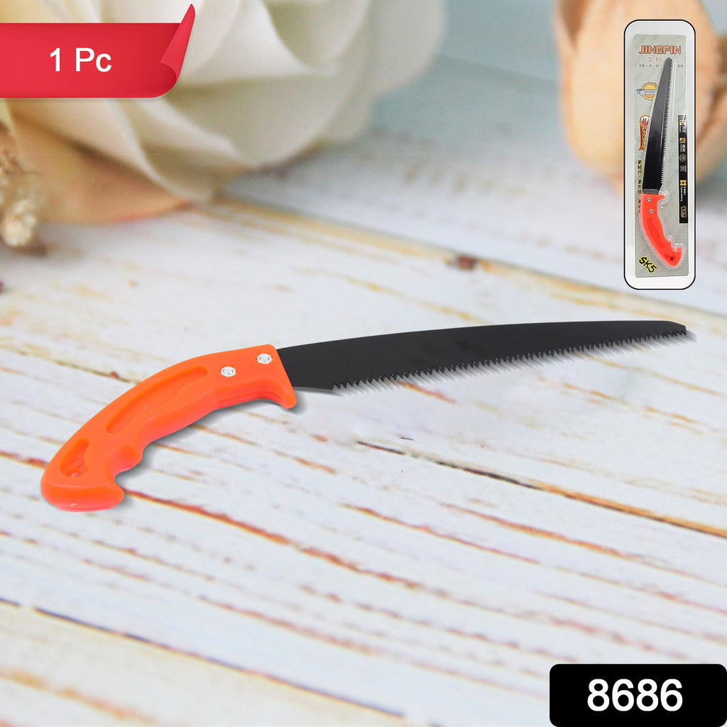Hand pruning saw with a sharp, curved blade for efficient tree branch cutting.