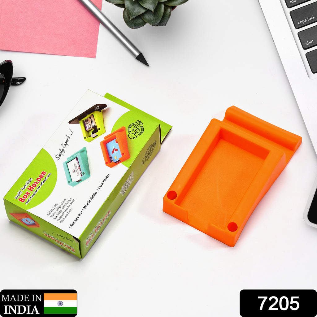 Plastic multi-function business card and mobile phone holder desk organizer.