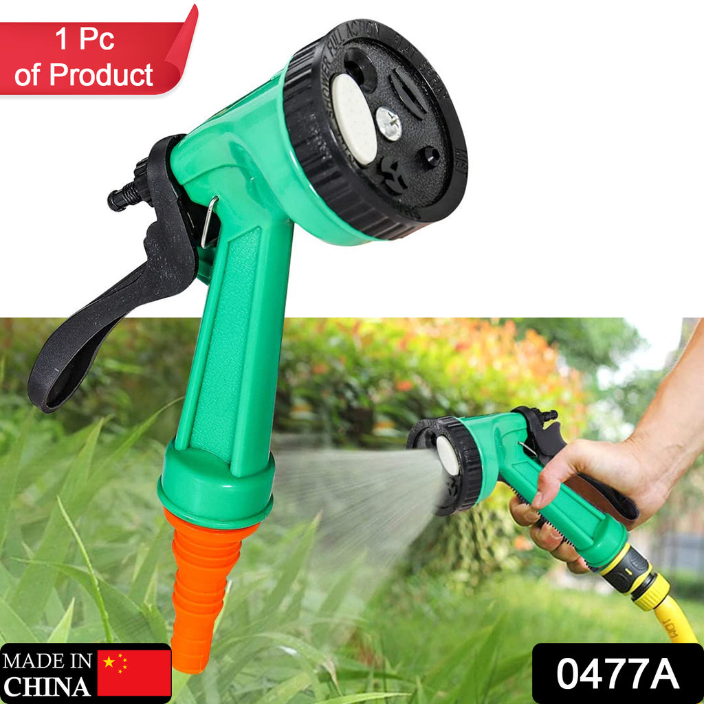 Adjustable green garden hose spray nozzle held in hand for multi-use garden watering