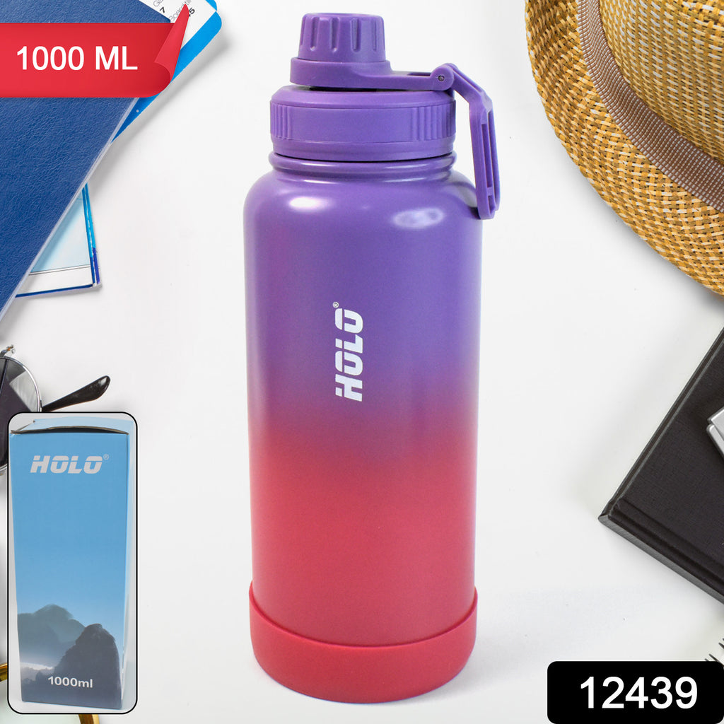 Two tone pink stainless steel water bottle with powder coating, leakproof easy pour cap & 1000ml capacity.