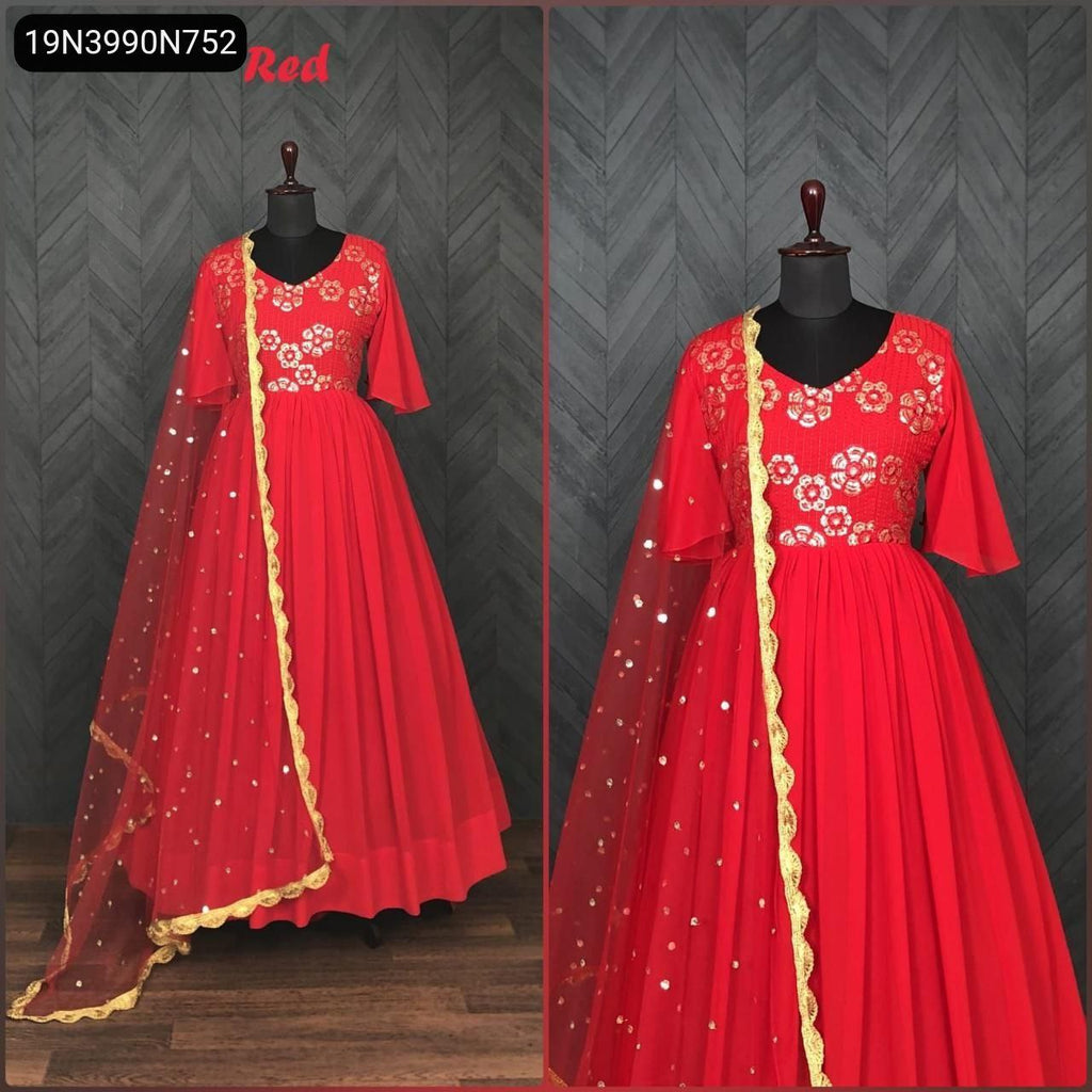 Full view of elegant Red Designer Gown with sequins and bell sleeves on a mannequin.
