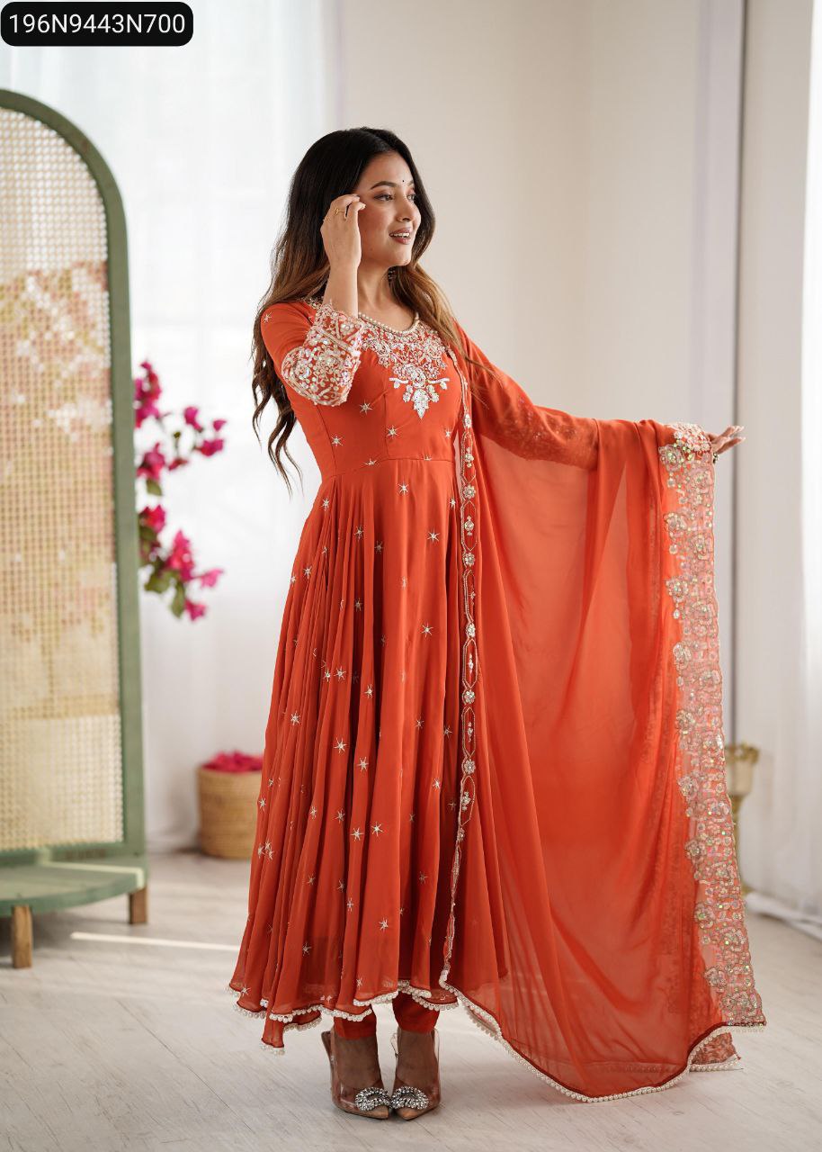 ladies three piece dresses Festival Party Wear For Women Women's Embroidered Anarkali Suit Set – Cotton 3-Piece Orange Ensemble With Pant & Dupatta For Weddings pakistani 3 piece dress