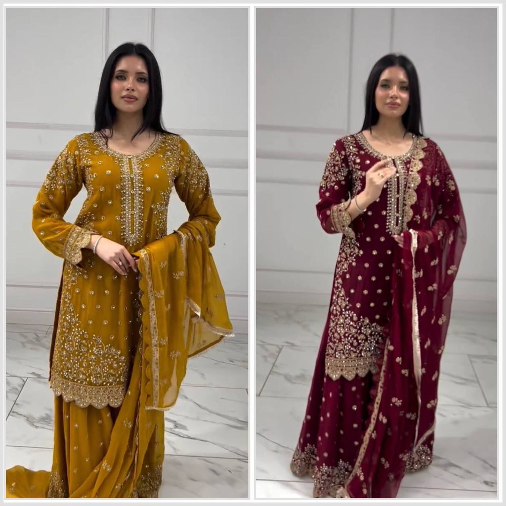 Two models showcasing the Ladies' Embroidered Faux Georgette Top Palazzo Dupatta Set in Mustard Gold and Deep Maroon