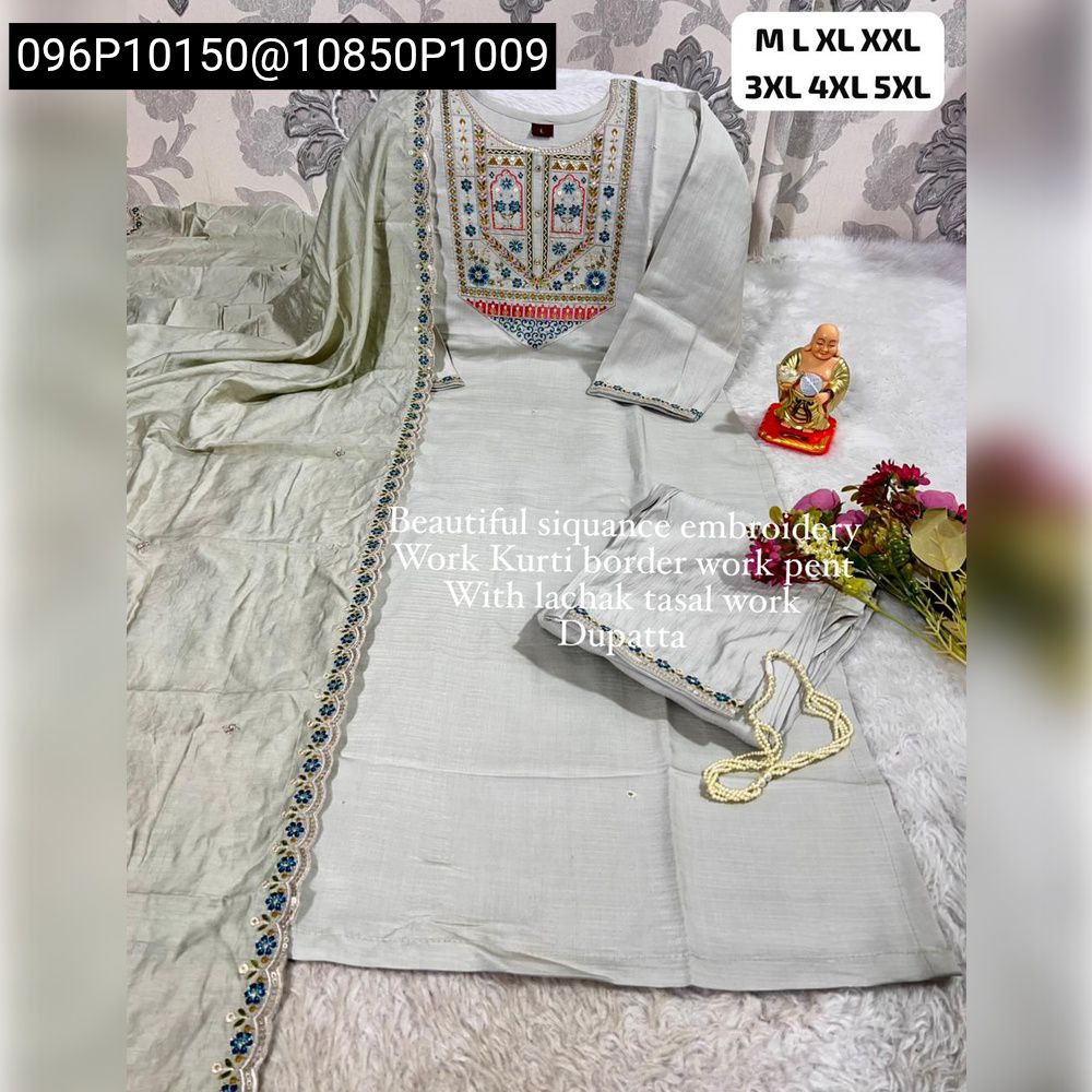 Lavender Hand Work Kurti Pant Dupatta Set with Sequence Embroidery