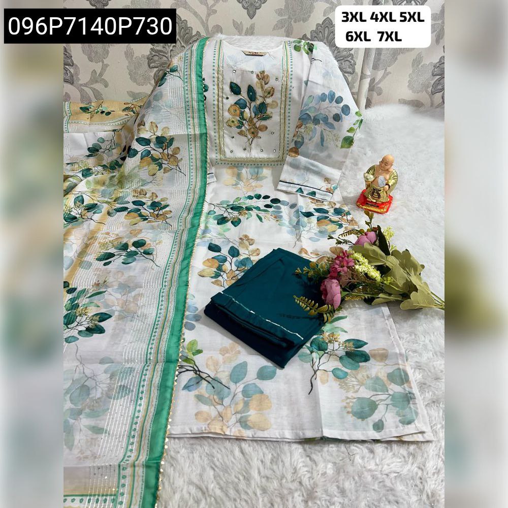 White and green leaf printed kurti pant set with hand embroidery, dark green pants, flat lay.