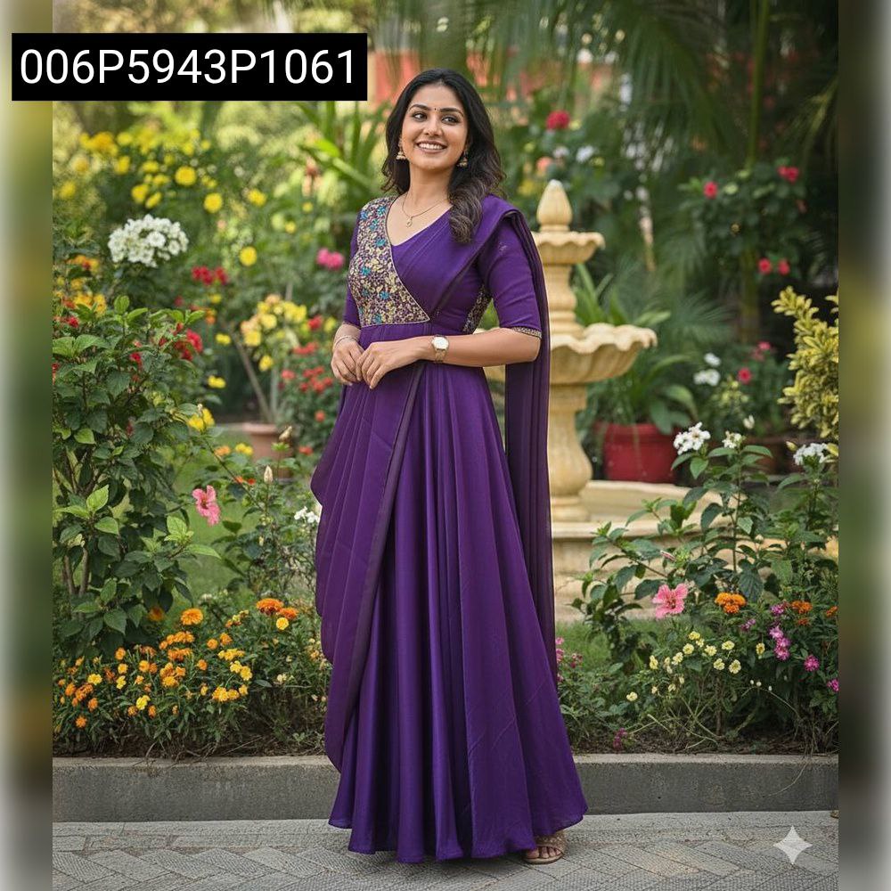 Model gracefully posing in a beautiful violet Saree Anarkali gown, featuring an embroidered bodice and traditional drape, set against a lush garden backdrop.