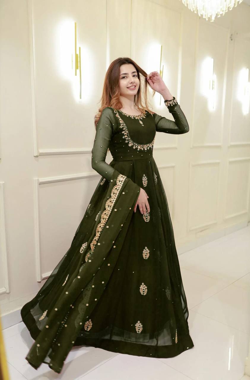 Model showcasing Dark Green Sequence Embroidery Gown with Dupatta, full view.