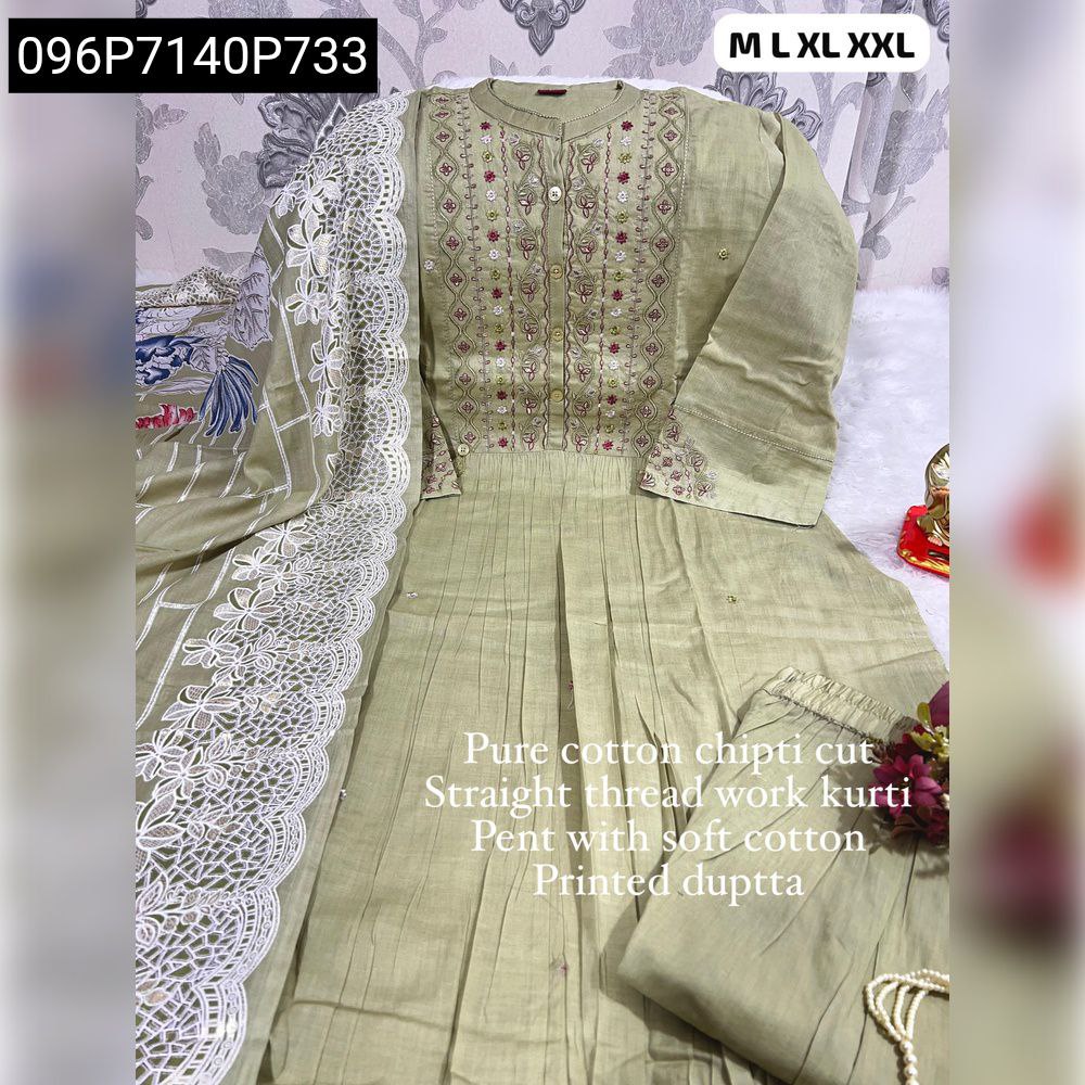 Light Green straight kurti set with heavy embroidery and lace dupatta, full view, on white background