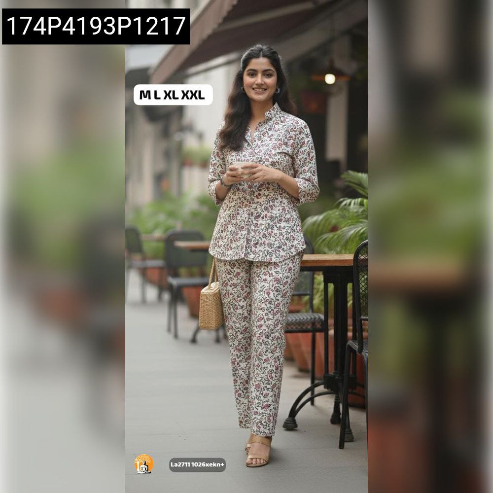 Model wearing Cream Multi-Floral Foil Print Co-ord Set