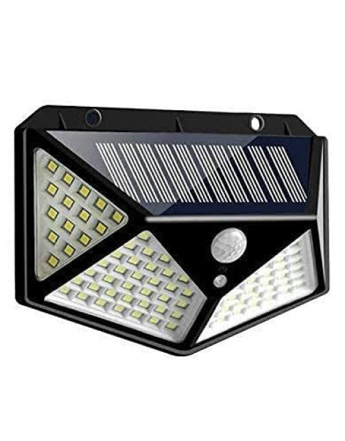 Latest 100 LED solar motion sensor garden light, sleek wall-mounted design.