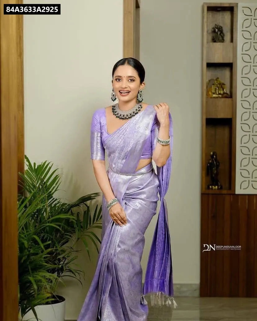 Model showcasing Lavender Lichi Silk Jacquard Saree, full length front pose
