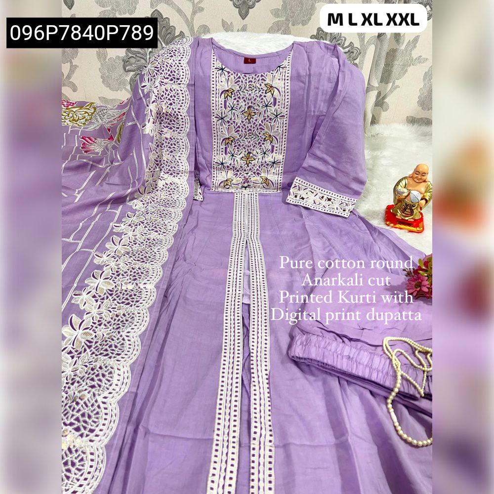 Full display of a lavender Nayra Cut kurti set on a white fuzzy surface, showcasing embroidery, front slit, pants, and dupatta with lace details.