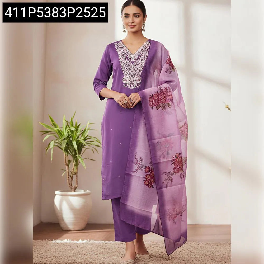 Full body view of model wearing Lavender Roman Silk Embroidered Suit Set with digital printed dupatta