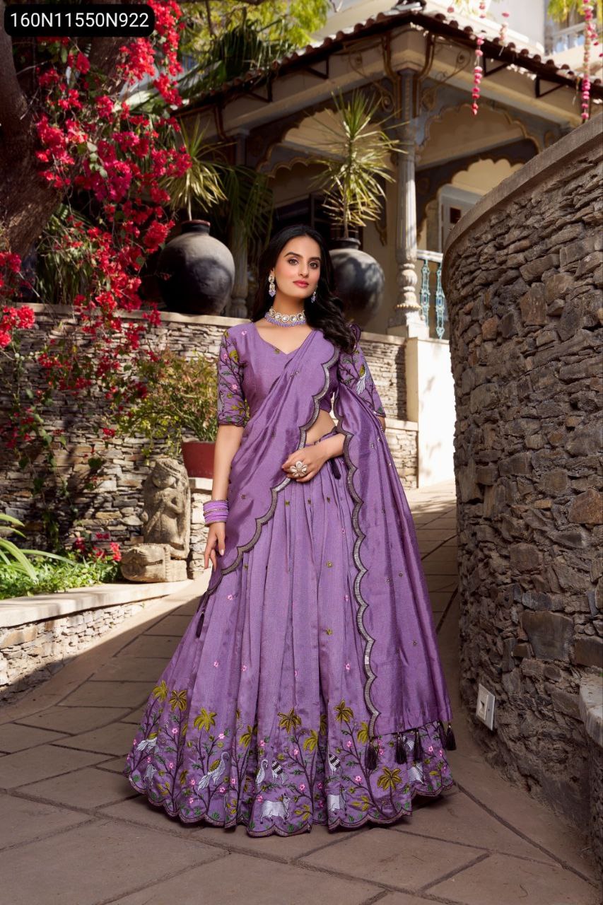 Full front view of a smiling model showcasing the elegant Lavender Vichitra Simmer Lehenga with detailed skirt embroidery, perfect for festive occasions.