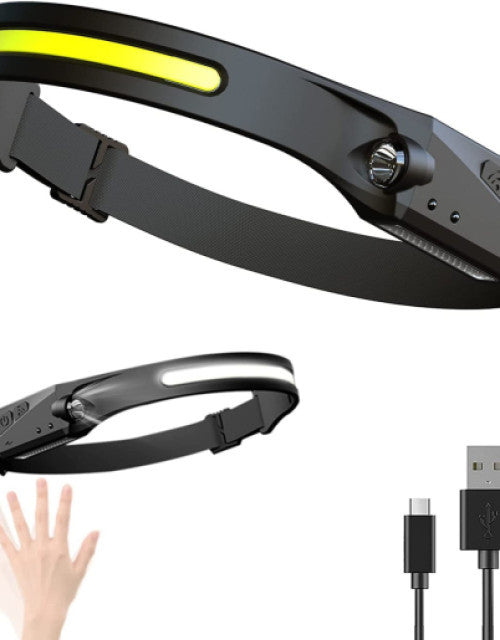 Bright LED headlamp illuminating a dark campsite for camping.