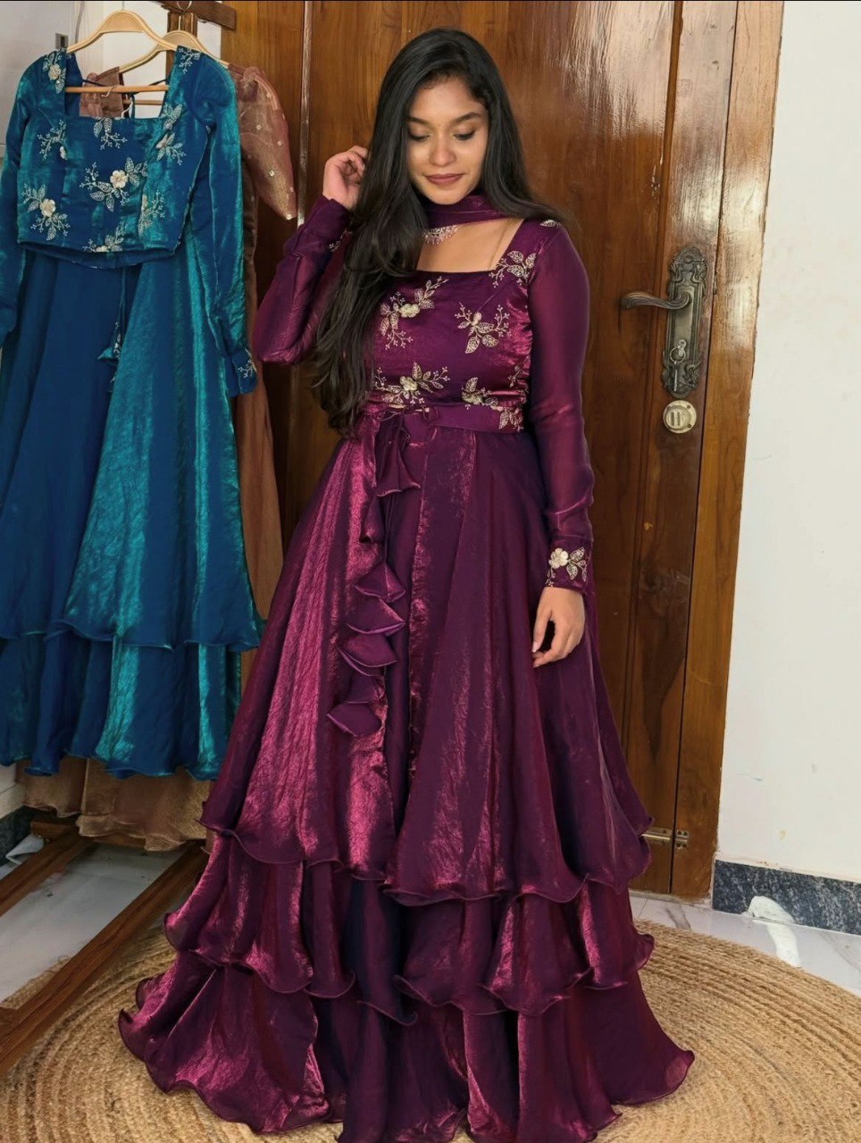 Model wearing a stunning Plum Purple Designer Festive Lehenga Set from TRENDBUY, full length view.