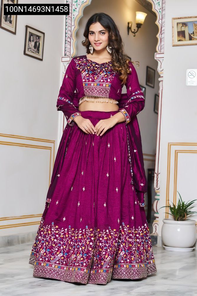 Front view of model in Plum Purple embroidered Vichitra silk lehenga choli
