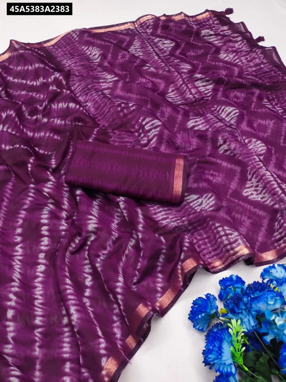 Deep Purple Leheriya Malai Cotton Saree with Fancy Pallu and Blouse Piece