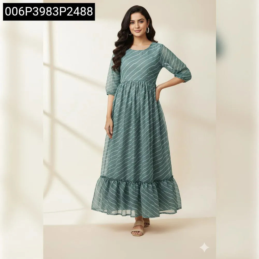 TRENDBUY Leheriya Print Shimmer Chiffon Maxi Dress in Aqua Green, front view on model