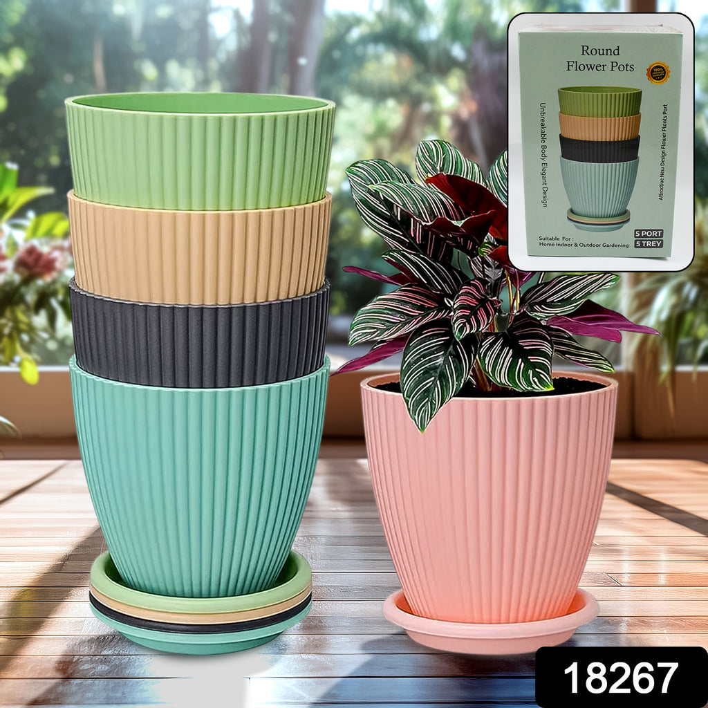 5-piece set of plastic flower pots with bottom trays