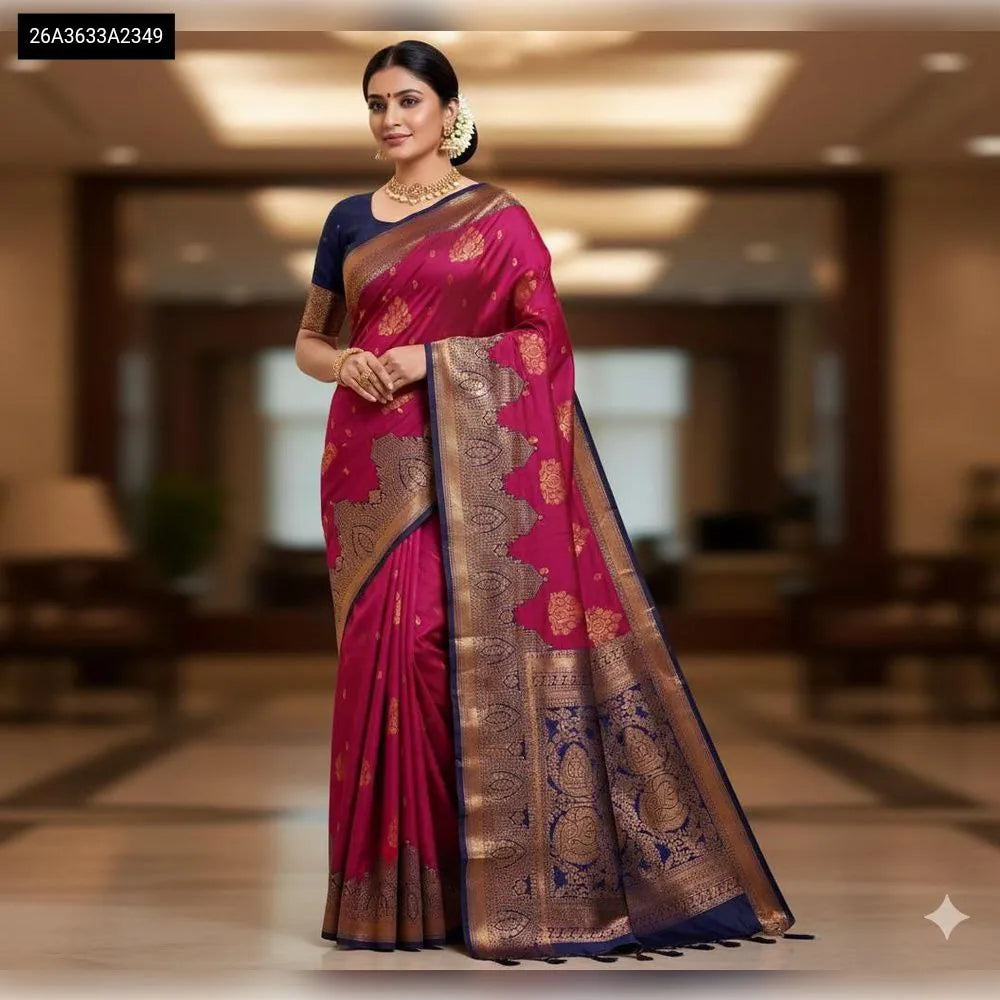 Model wearing Lichi Silk Jacquard Saree in Rani Pink with matching blouse, front view