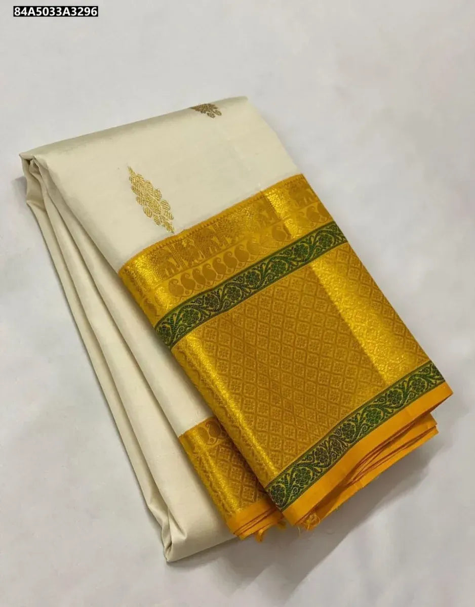 Elegantly Folded Cream and Gold Lichi Silk Saree