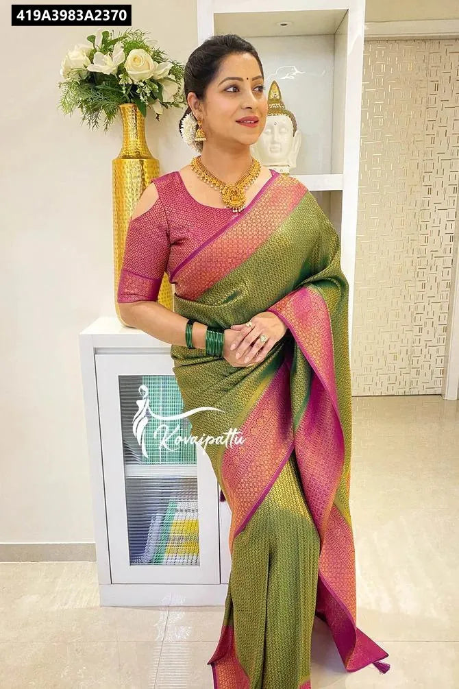 TRENDBUY Olive Green Lichi Silk Jacquard Saree with Magenta Blouse, full body front view