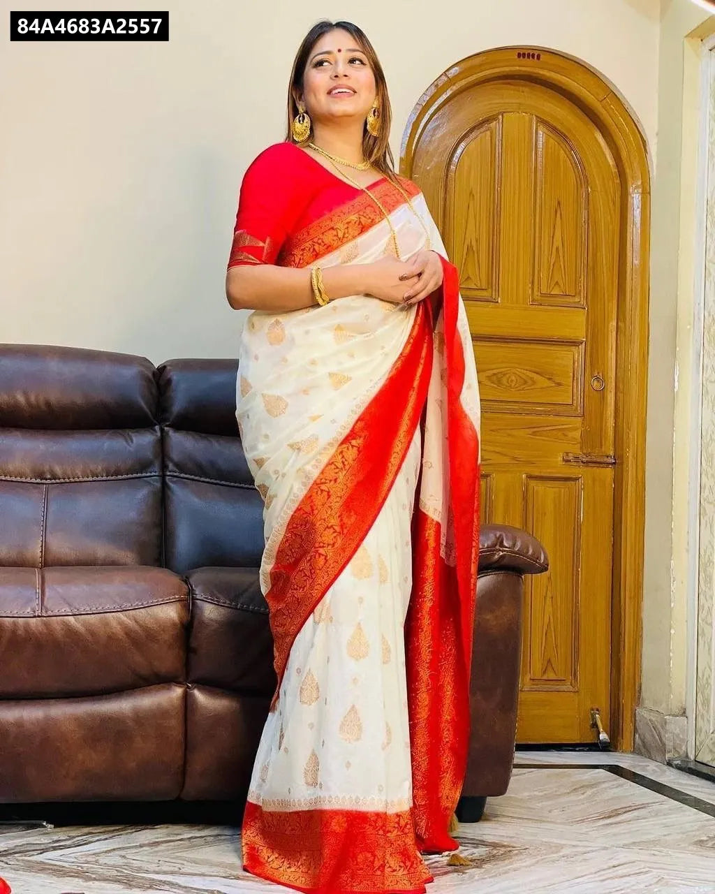 TRENDBUY Lichi Silk Jacquard Saree in Red and White, model standing full body, front view