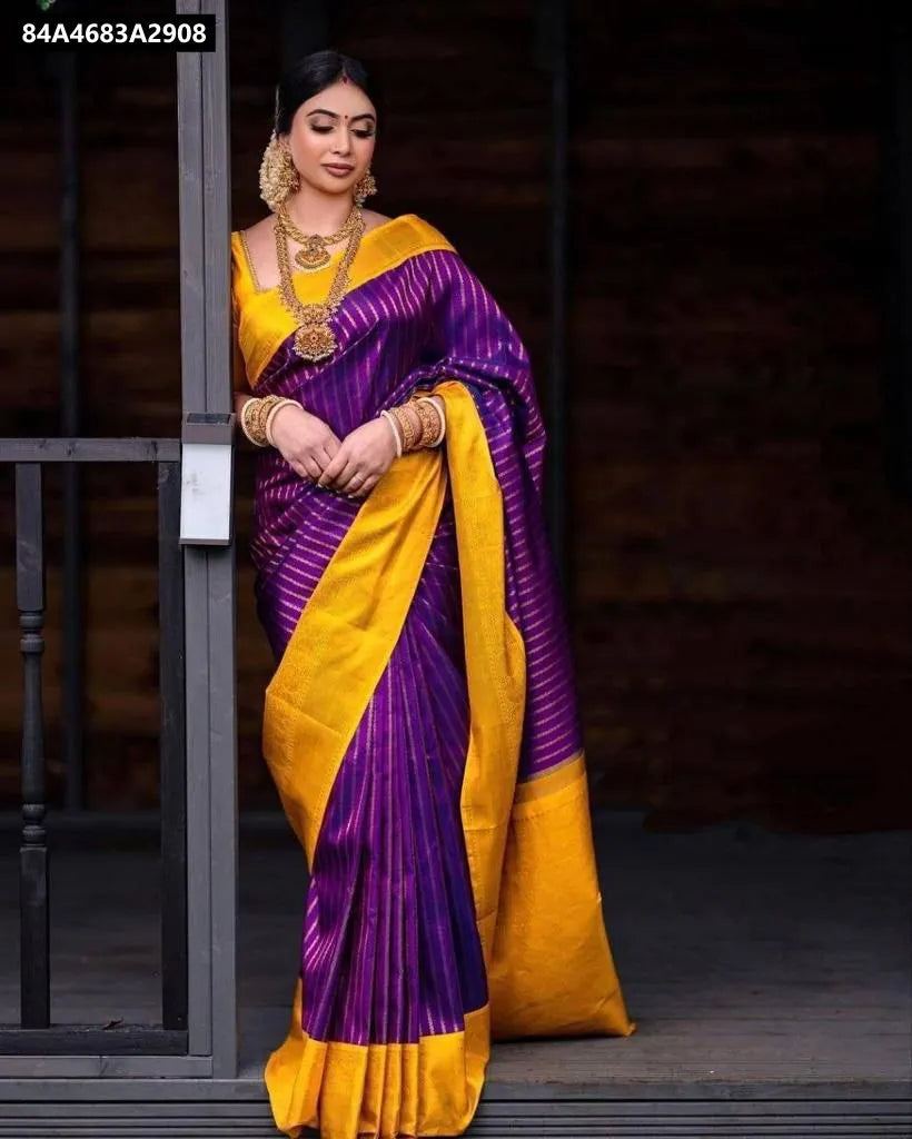 Woman in purple and yellow Lichi Silk Jacquard Saree, front view, festive wear by TRENDBUY