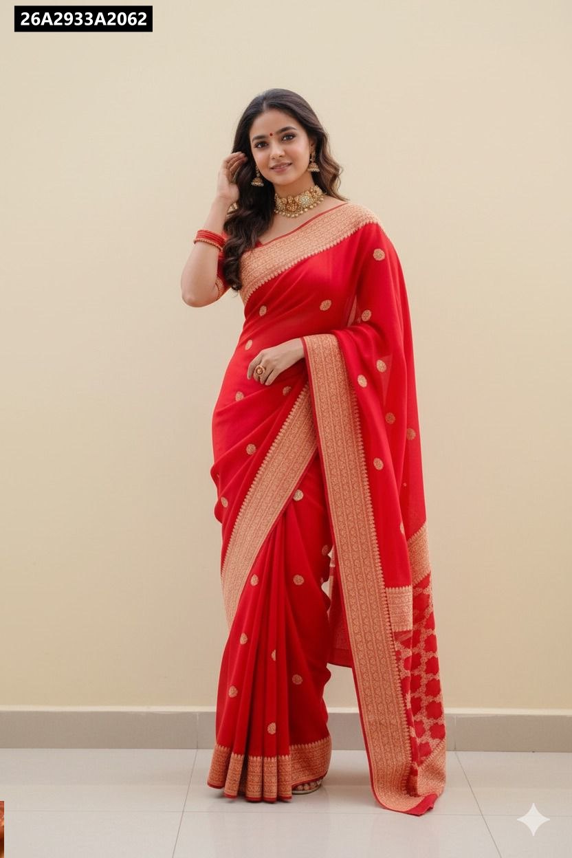 Full body shot of model in TRENDBUY Scarlet Red Lichi Silk Saree, standing front-facing, displaying the complete design and border.