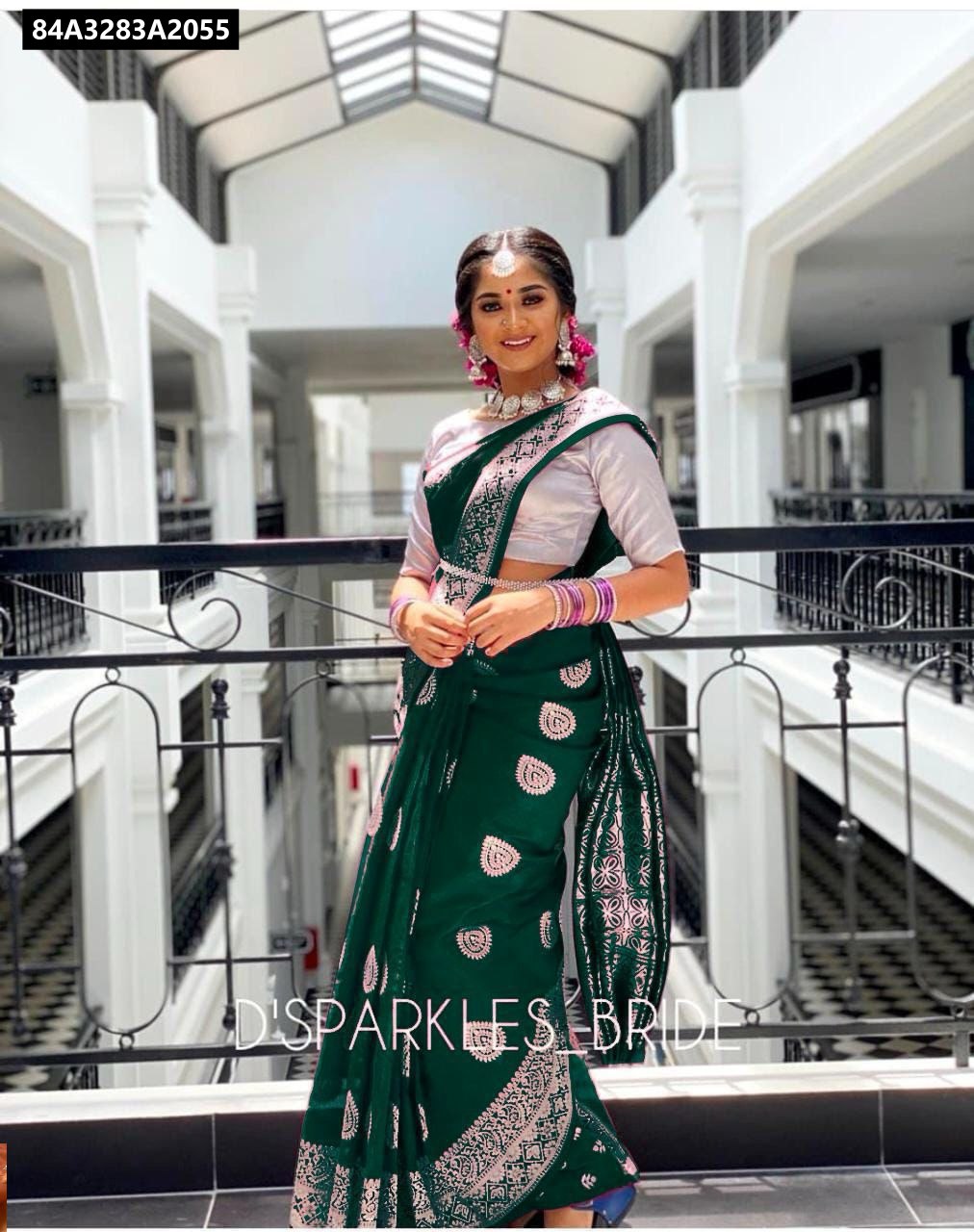 TRENDBUY Dark Green Lichi Silk Jacquard Saree with rich pallu, modelled front facing