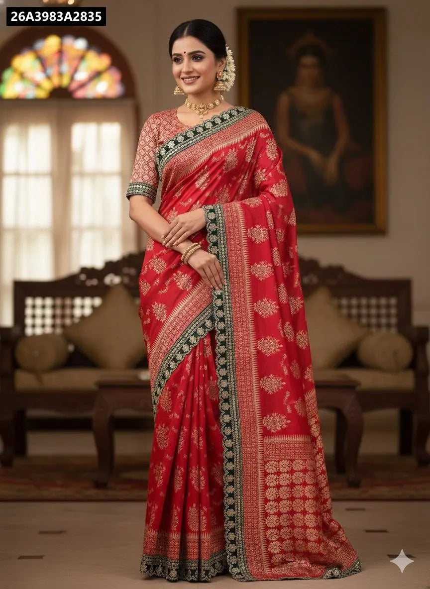 TRENDBUY Crimson Red Lichi Silk Saree with traditional jacquard patterns, model standing, full front view.