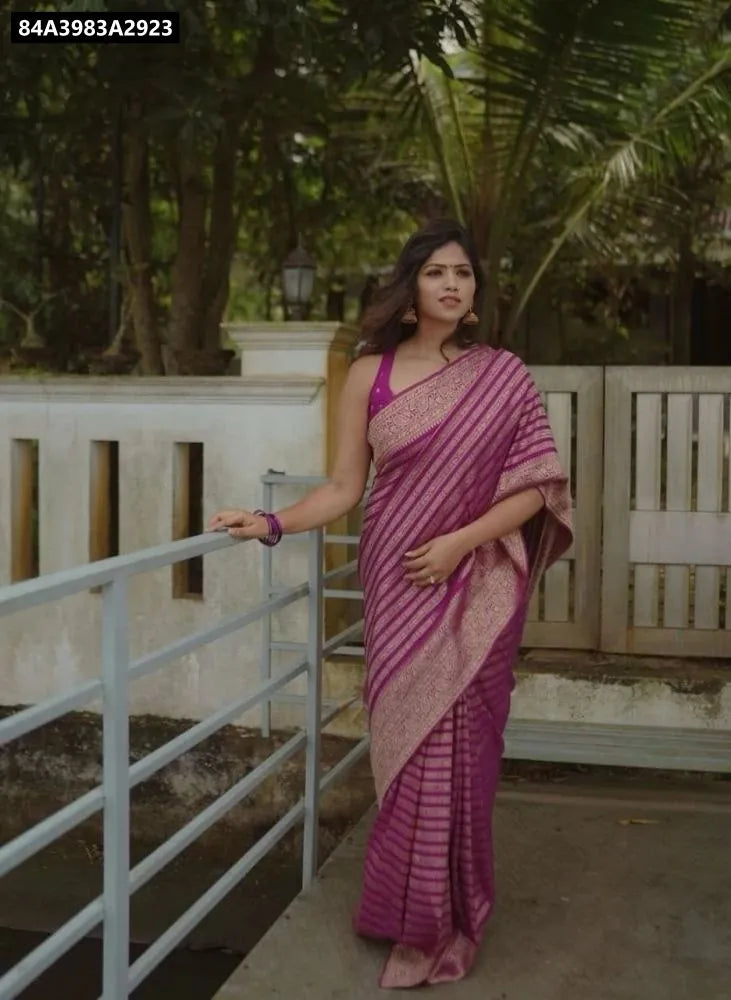 TRENDBUY Radiant Purple Lichi Silk Saree with Jacquard work, model smiling
