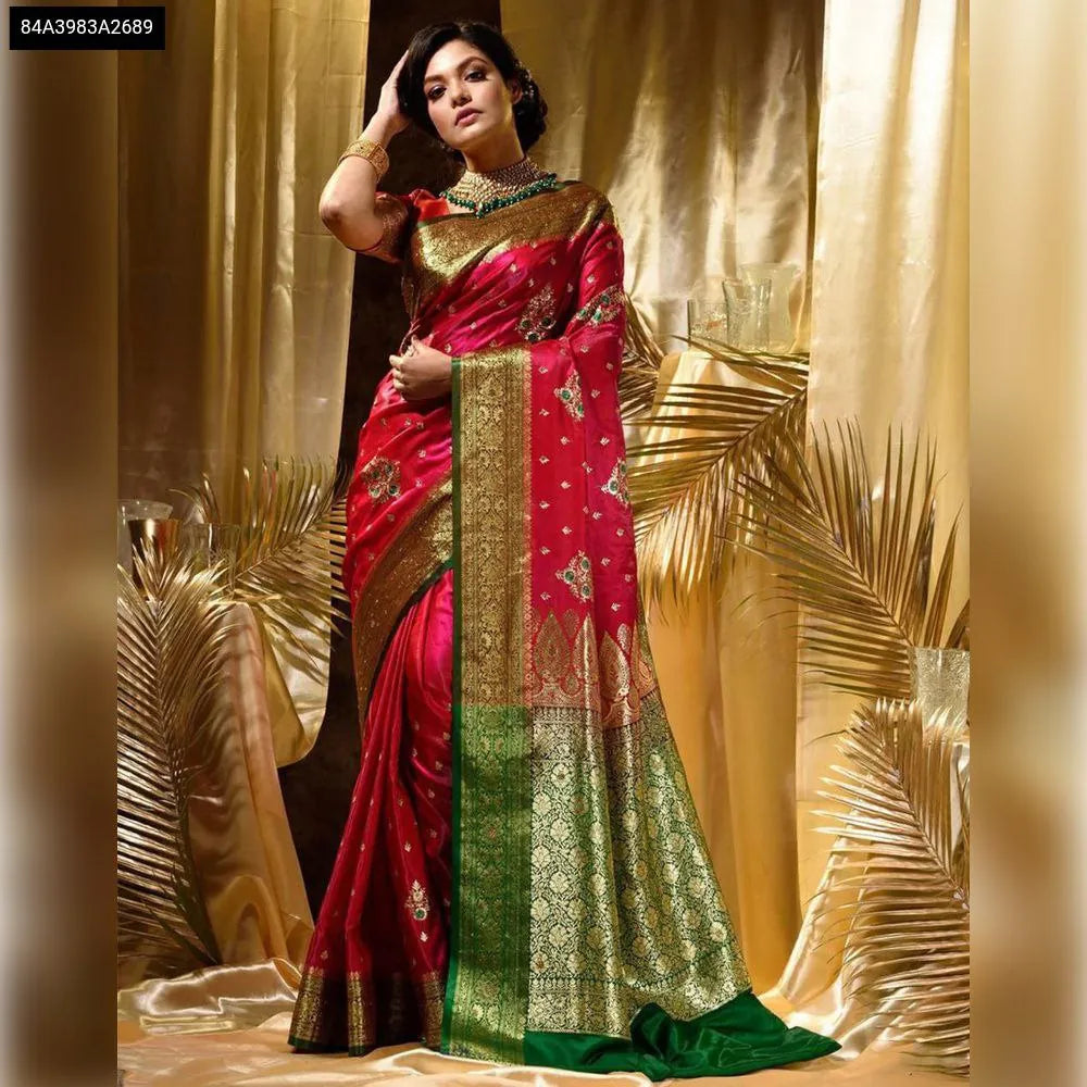 Model in Red Lichi Silk Saree with Jacquard Pallu, front view