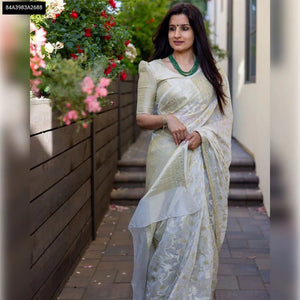 Buy Cream & Gold Lichi Silk Jacquard Saree for Women | Festive & Wedding Ethnic Wear Online